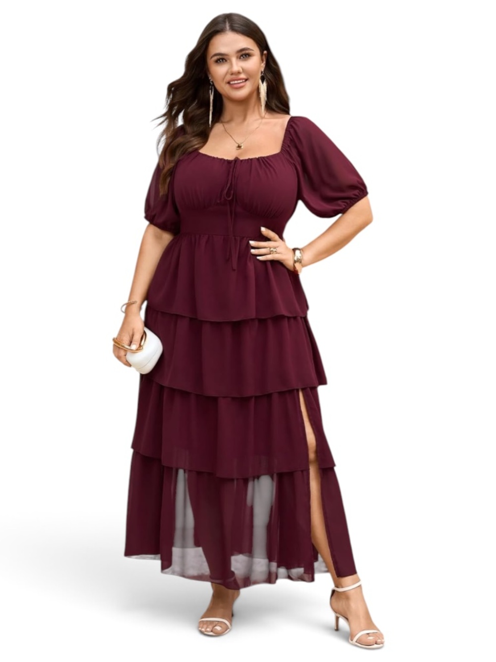 SCOMCHIC 2XL Burgundy Tiered Maxi Dress Plus Size Puff Sleeve Wedding Guest